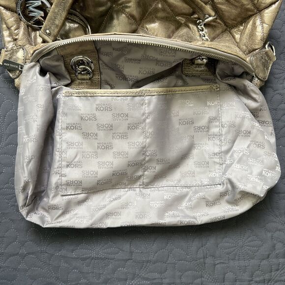 Michael Kors Quilted Lamb Leather Shoulder Handbag Gold Lame 2 Way Chain Strap - Picture 15 of 15